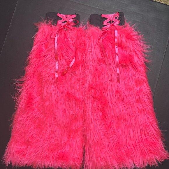 Pink Corset Leg Warmers Black Lace Up Pants Fuzzy Boot Covers Fur Legwarmers Psy - Picture 3 of 7